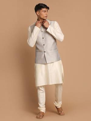 Grey And Cream Viscose Jacket, Kurta And Pyjama Set 1