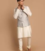 Grey And Cream Viscose Jacket, Kurta And Pyjama Set