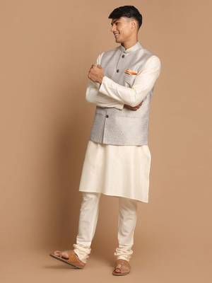 Grey And Cream Viscose Jacket, Kurta And Pyjama Set 2