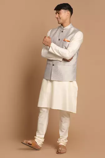 Grey And Cream Viscose Jacket, Kurta And Pyjama Set