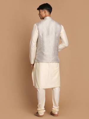 Grey And Cream Viscose Jacket, Kurta And Pyjama Set 3