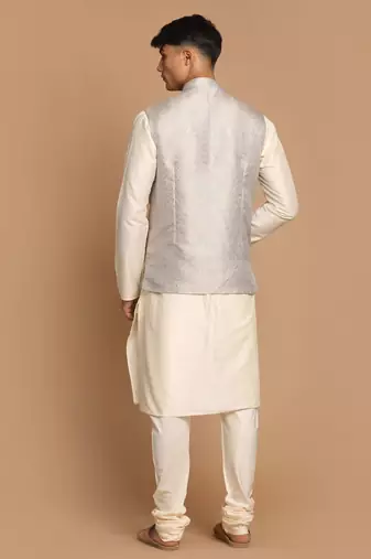 Grey And Cream Viscose Jacket, Kurta And Pyjama Set