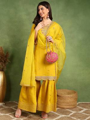 Yellow Embroidered Sharara Suit With Dupatta 3