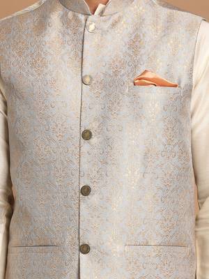 Grey And Cream Viscose Jacket, Kurta And Pyjama Set 4
