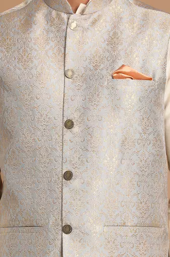 Grey And Cream Viscose Jacket, Kurta And Pyjama Set