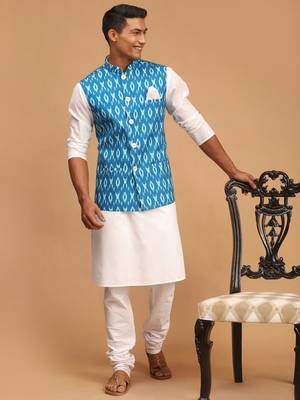 Men'S Turquoise And White Cotton Blend Jacket, Kurta And Pyjama Set 1