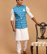 Men'S Turquoise And White Cotton Blend Jacket, Kurta And Pyjama Set