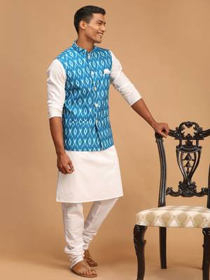 Men'S Turquoise And White Cotton Blend Jacket, Kurta And Pyjama Set 2