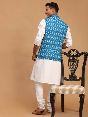 Men'S Turquoise And White Cotton Blend Jacket, Kurta And Pyjama Set 3