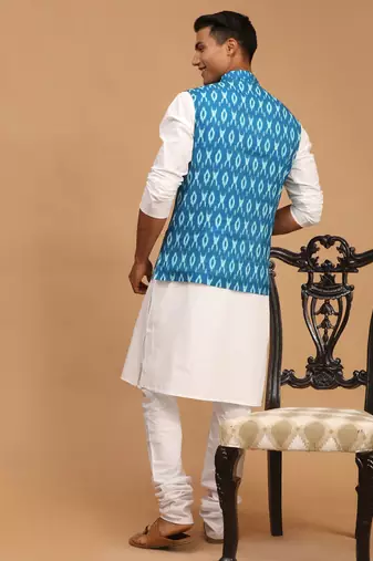 Men'S Turquoise And White Cotton Blend Jacket, Kurta And Pyjama Set