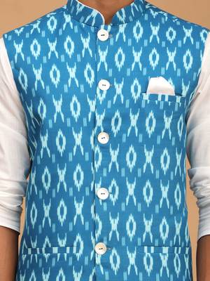 Men'S Turquoise And White Cotton Blend Jacket, Kurta And Pyjama Set 4