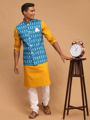 Mustard, Turquoise And White Cotton Blend Jacket, Kurta And Pyjama Set 1