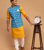 Mustard, Turquoise And White Cotton Blend Jacket, Kurta And Pyjama Set