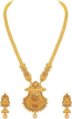 traditional paisley design long haram alloy gold plated necklace with earrings jewellery set for women 2