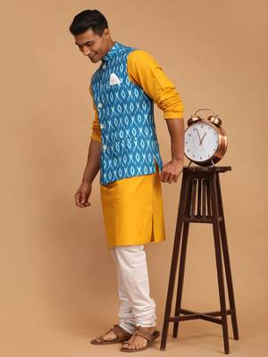 Mustard, Turquoise And White Cotton Blend Jacket, Kurta And Pyjama Set 2