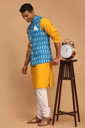 Mustard, Turquoise And White Cotton Blend Jacket, Kurta And Pyjama Set