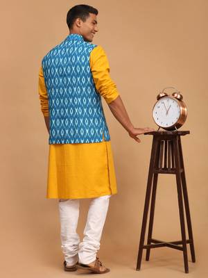 Mustard, Turquoise And White Cotton Blend Jacket, Kurta And Pyjama Set 3