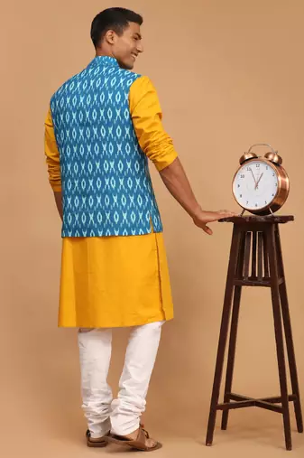 Mustard, Turquoise And White Cotton Blend Jacket, Kurta And Pyjama Set