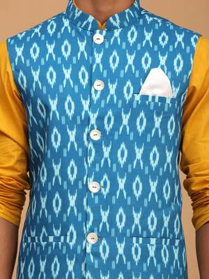 Mustard, Turquoise And White Cotton Blend Jacket, Kurta And Pyjama Set 4