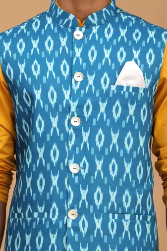 Mustard, Turquoise And White Cotton Blend Jacket, Kurta And Pyjama Set