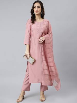 Janasya women's light pink poly silk embroidered kurta with pant and dupatta 1