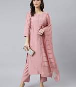 Janasya women's light pink poly silk embroidered kurta with pant and dupatta