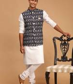Black And White Cotton Blend Jacket, Kurta And Pyjama Set