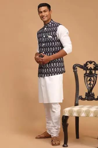 Black And White Cotton Blend Jacket, Kurta And Pyjama Set