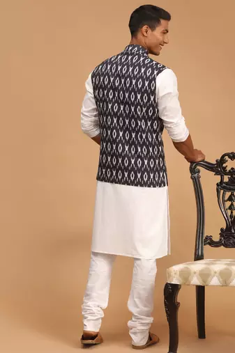 Black And White Cotton Blend Jacket, Kurta And Pyjama Set