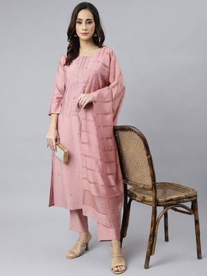 Janasya women's light pink poly silk embroidered kurta with pant and dupatta 2
