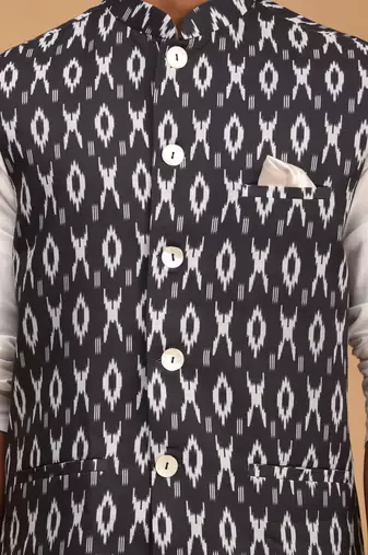 Black And White Cotton Blend Jacket, Kurta And Pyjama Set