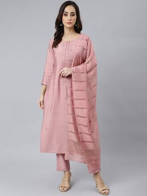 Janasya women's light pink poly silk embroidered kurta with pant and dupatta 3