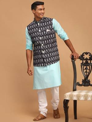 Aqua, Black And White Cotton Blend Jacket, Kurta And Pyjama Set 1