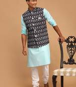 Aqua, Black And White Cotton Blend Jacket, Kurta And Pyjama Set