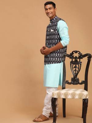 Aqua, Black And White Cotton Blend Jacket, Kurta And Pyjama Set 2