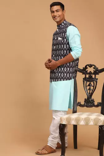 Aqua, Black And White Cotton Blend Jacket, Kurta And Pyjama Set