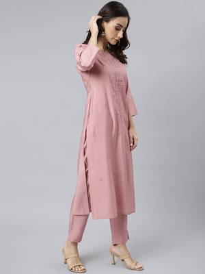 Janasya women's light pink poly silk embroidered kurta with pant and dupatta 4