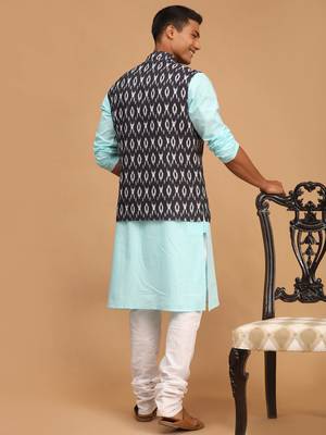 Aqua, Black And White Cotton Blend Jacket, Kurta And Pyjama Set 3