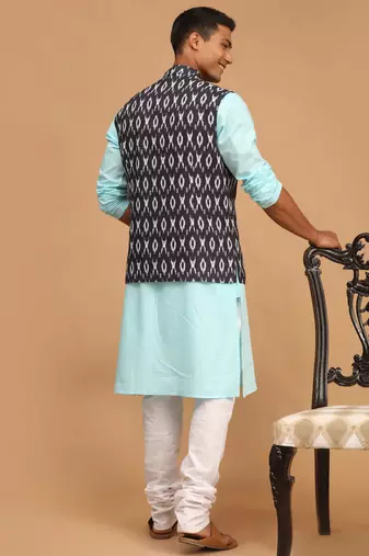 Aqua, Black And White Cotton Blend Jacket, Kurta And Pyjama Set