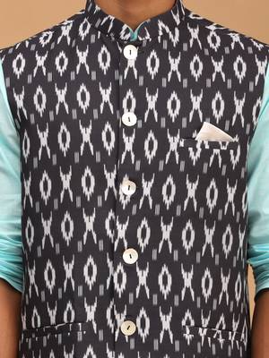 Aqua, Black And White Cotton Blend Jacket, Kurta And Pyjama Set 4