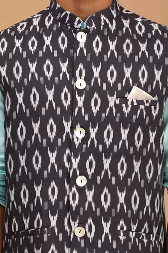 Aqua, Black And White Cotton Blend Jacket, Kurta And Pyjama Set