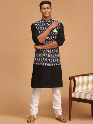 Black And White Cotton Blend Jacket, Kurta And Pyjama Set 1