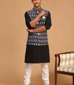 Black And White Cotton Blend Jacket, Kurta And Pyjama Set