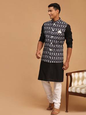 Black And White Cotton Blend Jacket, Kurta And Pyjama Set 2