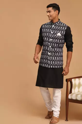 Black And White Cotton Blend Jacket, Kurta And Pyjama Set