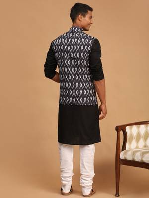 Black And White Cotton Blend Jacket, Kurta And Pyjama Set 3