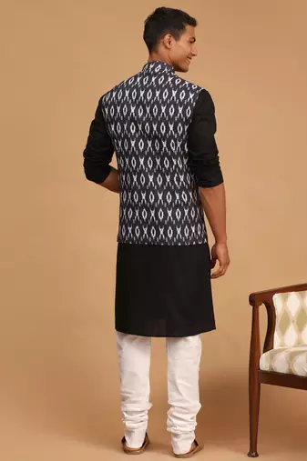 Black And White Cotton Blend Jacket, Kurta And Pyjama Set