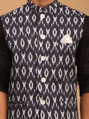 Black And White Cotton Blend Jacket, Kurta And Pyjama Set 4