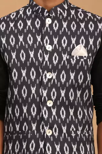 Black And White Cotton Blend Jacket, Kurta And Pyjama Set