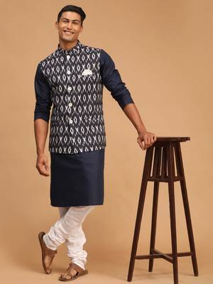 Navy Blue, Black And White Cotton Blend Jacket, Kurta And Pyjama Set 1